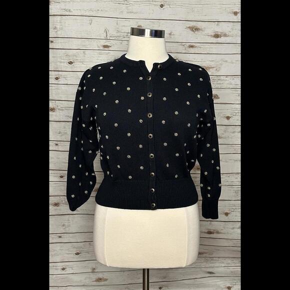 Marisa Christina Sweaters - Vtg Marissa Christina Classic navy blue gold beading cardigan sweater Size Large